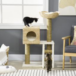 PawHut Cat Tree for Indoor Cats Kitten Tower Cattail Weave with Scratching Posts, Cat House, Bed， Washable Cushions Natural, 57 x 37 x 100.5 cm - thumbnail 2