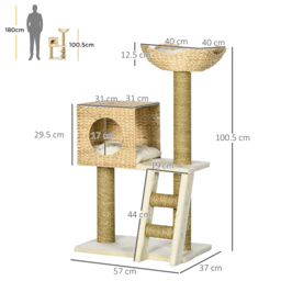 PawHut Cat Tree for Indoor Cats Kitten Tower Cattail Weave with Scratching Posts, Cat House, Bed， Washable Cushions Natural, 57 x 37 x 100.5 cm - thumbnail 3