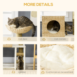 PawHut Cat Tree for Indoor Cats Kitten Tower Cattail Weave with Scratching Posts, Cat House, Bed， Washable Cushions Natural, 57 x 37 x 100.5 cm - thumbnail 5