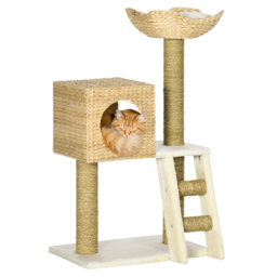 PawHut Cat Tree for Indoor Cats Kitten Tower Cattail Weave with Scratching Posts, Cat House, Bed， Washable Cushions Natural, 57 x 37 x 100.5 cm