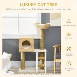 PawHut Cat Tree for Indoor Cats Kitten Tower Cattail Weave with Scratching Posts, Cat House, Bed， Washable Cushions Natural, 57 x 37 x 100.5 cm - thumbnail 4