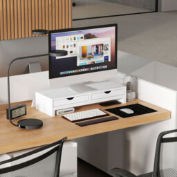 HOMCOM Dual Monitor Stand Riser with 2 Drawers, Adjustable Length and Angle, 116cm Monitor Riser for Laptop, Computer, PC, Small Printer, White - thumbnail 9