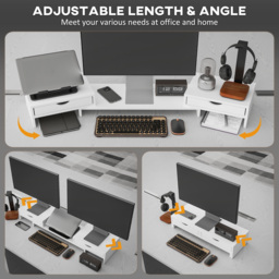 HOMCOM Dual Monitor Stand Riser with 2 Drawers, Adjustable Length and Angle, 116cm Monitor Riser for Laptop, Computer, PC, Small Printer, White - thumbnail 4