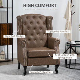 HOMCOM Wingback Accent Chair Tufted Chesterfield-style Armchair with Nail Head Trim for Living Room Bedroom Brown - thumbnail 4