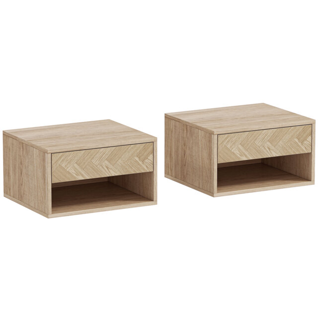 HOMCOM Set of Two Floating Bedside Tables - Natural Wood Finish - image 1