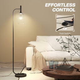 HOMCOM Floor Lamp for Living Room with Glass Lampshade, Modern Standing Lamp with Foot Switch for Bedroom, Bulb not Included, Black - thumbnail 6