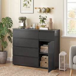 HOMCOM Modern Sideboard, Sideboard Storage Cabinet with 5 Drawers, Adjustable Shelf, Soft-Close Door, Black - thumbnail 2