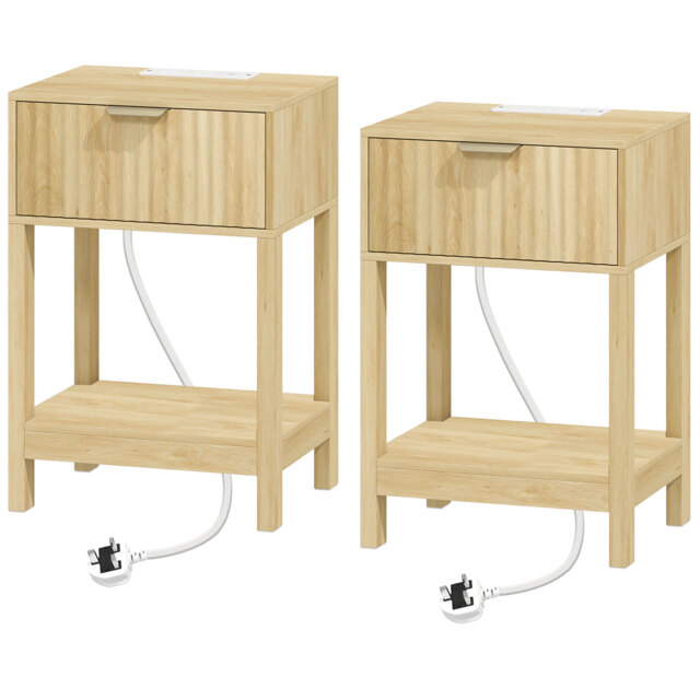 HOMCOM Modern Fluted Nightstand Set of 2, Bedside Table with Charging Station, Drawer and Open Shelf for Bedroom, Oak - image 1