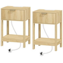 HOMCOM Modern Fluted Nightstand Set of 2, Bedside Table with Charging Station, Drawer and Open Shelf for Bedroom, Oak - thumbnail 1