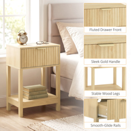 HOMCOM Modern Fluted Nightstand Set of 2, Bedside Table with Charging Station, Drawer and Open Shelf for Bedroom, Oak - thumbnail 7