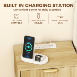 HOMCOM Modern Fluted Nightstand Set of 2, Bedside Table with Charging Station, Drawer and Open Shelf for Bedroom, Oak - thumbnail 4