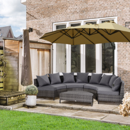 Outsunny Rattan Garden Furniture 4 Seaters Half-round Patio Outdoor Sofa & Table Set Wicker Weave Conservatory Cushioned Seat with Pillow - Grey - thumbnail 2