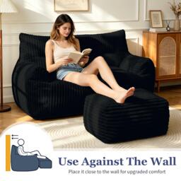 Oversized 2-Seater Corduroy Sofa with Ottoman, Comfortable Couch for Couples and Family, 100L x 135W x 75H cm, Black - Aosom UK - thumbnail 6