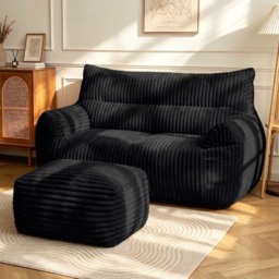 Oversized 2-Seater Corduroy Sofa with Ottoman, Comfortable Couch for Couples and Family, 100L x 135W x 75H cm, Black - Aosom UK - thumbnail 1