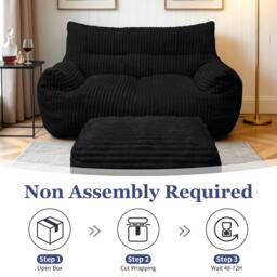 Oversized 2-Seater Corduroy Sofa with Ottoman, Comfortable Couch for Couples and Family, 100L x 135W x 75H cm, Black - Aosom UK - thumbnail 5