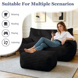 Oversized 2-Seater Corduroy Sofa with Ottoman, Comfortable Couch for Couples and Family, 100L x 135W x 75H cm, Black - Aosom UK - thumbnail 4