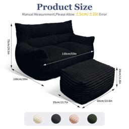 Oversized 2-Seater Corduroy Sofa with Ottoman, Comfortable Couch for Couples and Family, 100L x 135W x 75H cm, Black - Aosom UK - thumbnail 3