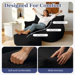 Oversized 2-Seater Corduroy Sofa with Ottoman, Comfortable Couch for Couples and Family, 100L x 135W x 75H cm, Black - Aosom UK - thumbnail 7