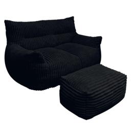 Oversized 2-Seater Corduroy Sofa with Ottoman, Comfortable Couch for Couples and Family, 100L x 135W x 75H cm, Black - Aosom UK - thumbnail 2