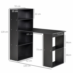HOMCOM 120cm Modern Computer Desk Bookshelf Writing Table Workstation PC Laptop Study Home Office 6 Shelves Black - Aosom UK - thumbnail 3