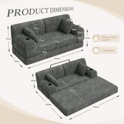 Convertible Sofa Bed with Metal Frame and High-Density Foam, 2-Seater Sleeper Sofa with High Backrest, 168L x 80W x 81H cm, Dark Gray - Aosom UK - thumbnail 3