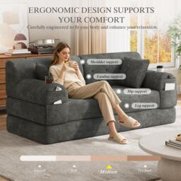 Convertible Sofa Bed with Metal Frame and High-Density Foam, 2-Seater Sleeper Sofa with High Backrest, 168L x 80W x 81H cm, Dark Gray - Aosom UK - thumbnail 6