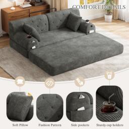 Convertible Sofa Bed with Metal Frame and High-Density Foam, 2-Seater Sleeper Sofa with High Backrest, 168L x 80W x 81H cm, Dark Gray - Aosom UK - thumbnail 8
