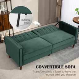 HOMCOM Velvet-Feel Three-Seater Sofa Bed - Green - Aosom UK - thumbnail 4