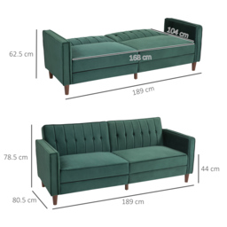 HOMCOM Velvet-Feel Three-Seater Sofa Bed - Green - Aosom UK - thumbnail 3