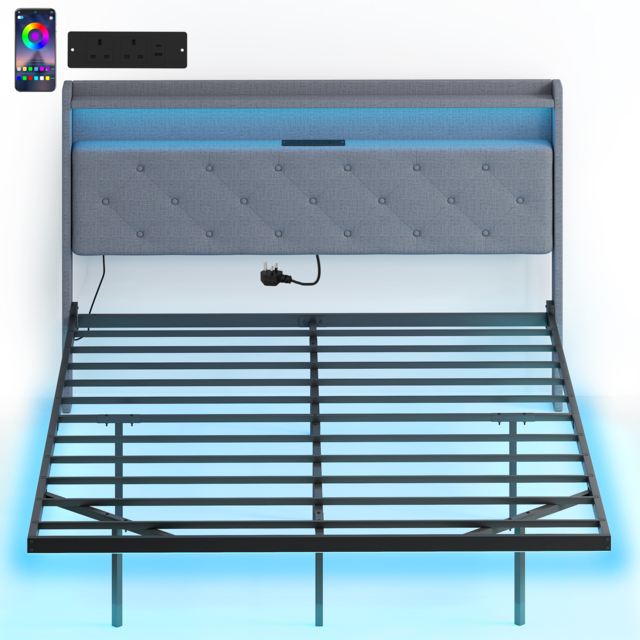 HOMCOM Floating Bed Frame, Upholstered 5ft King Size Bed, Platform Bed with RGB LED Lights and Charging Station, Grey - image 1