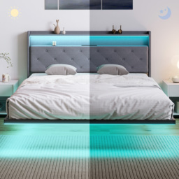 HOMCOM Floating Bed Frame, Upholstered 5ft King Size Bed, Platform Bed with RGB LED Lights and Charging Station, Grey - thumbnail 9