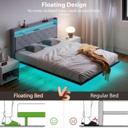 HOMCOM Floating Bed Frame, Upholstered 5ft King Size Bed, Platform Bed with RGB LED Lights and Charging Station, Grey - thumbnail 5
