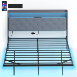 HOMCOM Floating Bed Frame, Upholstered 5ft King Size Bed, Platform Bed with RGB LED Lights and Charging Station, Grey - thumbnail 1