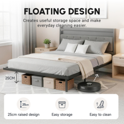 HOMCOM Floating Bed Frame, Upholstered 5ft King Size Bed, Platform Bed with RGB LED Lights and Charging Station, Grey - thumbnail 4