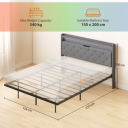HOMCOM Floating Bed Frame, Upholstered 5ft King Size Bed, Platform Bed with RGB LED Lights and Charging Station, Grey - thumbnail 3