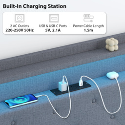 HOMCOM Floating Bed Frame, Upholstered 5ft King Size Bed, Platform Bed with RGB LED Lights and Charging Station, Grey - thumbnail 7