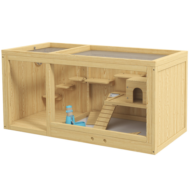 PawHut Wooden Hamster Cage with Water Bottle, Platforms, Openable Roof, Sliding Tray, Hut, Seesaws, Natural Wood Finish - image 1