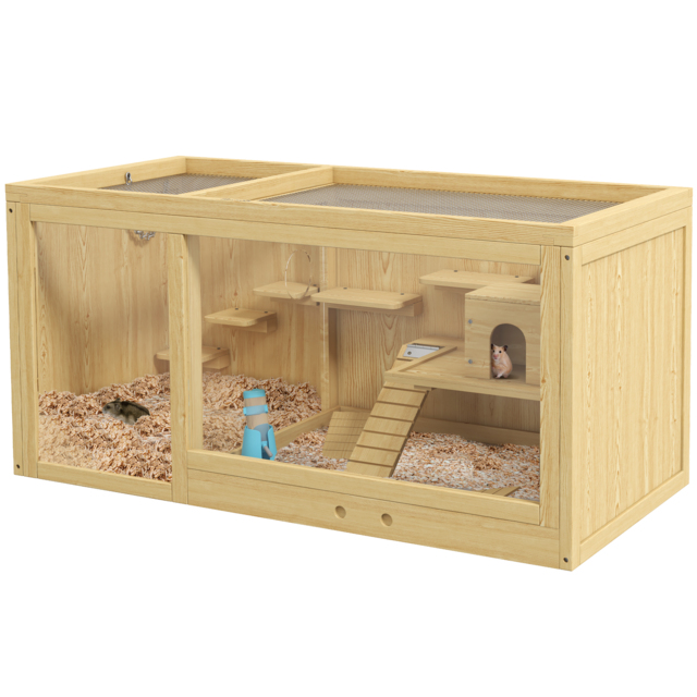 PawHut Wooden Hamster Cage with Water Bottle, Platforms, Openable Roof, Sliding Tray, Hut, Seesaws, Natural Wood Finish - image 1