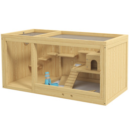 PawHut Wooden Hamster Cage with Water Bottle, Platforms, Openable Roof, Sliding Tray, Hut, Seesaws, Natural Wood Finish