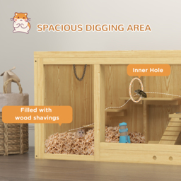 PawHut Wooden Hamster Cage with Water Bottle, Platforms, Openable Roof, Sliding Tray, Hut, Seesaws, Natural Wood Finish - thumbnail 6
