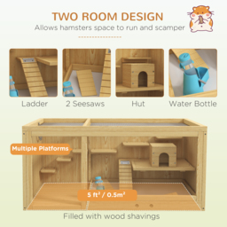 PawHut Wooden Hamster Cage with Water Bottle, Platforms, Openable Roof, Sliding Tray, Hut, Seesaws, Natural Wood Finish - thumbnail 4