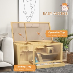 PawHut Wooden Hamster Cage with Water Bottle, Platforms, Openable Roof, Sliding Tray, Hut, Seesaws, Natural Wood Finish - thumbnail 5