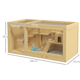 PawHut Wooden Hamster Cage with Water Bottle, Platforms, Openable Roof, Sliding Tray, Hut, Seesaws, Natural Wood Finish - thumbnail 3