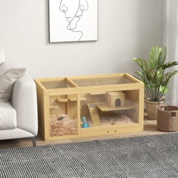 PawHut Wooden Hamster Cage with Water Bottle, Platforms, Openable Roof, Sliding Tray, Hut, Seesaws, Natural Wood Finish - thumbnail 2