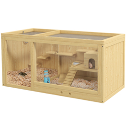 PawHut Wooden Hamster Cage with Water Bottle, Platforms, Openable Roof, Sliding Tray, Hut, Seesaws, Natural Wood Finish - thumbnail 1
