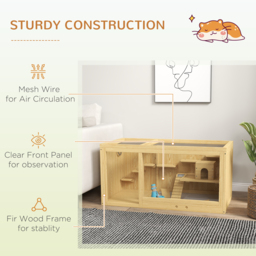 PawHut Wooden Hamster Cage with Water Bottle, Platforms, Openable Roof, Sliding Tray, Hut, Seesaws, Natural Wood Finish - thumbnail 7