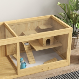 PawHut Wooden Hamster Cage with Water Bottle, Platforms, Openable Roof, Sliding Tray, Hut, Seesaws, Natural Wood Finish - thumbnail 9
