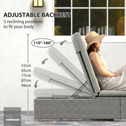 Outsunny Rattan Sun Lounger, Five-Position Reclining Garden Lounger Bed with Cushion, Light Grey - thumbnail 6