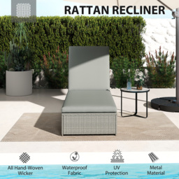 Outsunny Rattan Sun Lounger, Five-Position Reclining Garden Lounger Bed with Cushion, Light Grey - thumbnail 4