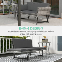 Outsunny 2 Seater Rattan Folding Daybed Sofa Bench Garden Chaise Lounger Loveseat with Cushion Outdoor Patio Grey - Aosom UK - thumbnail 4